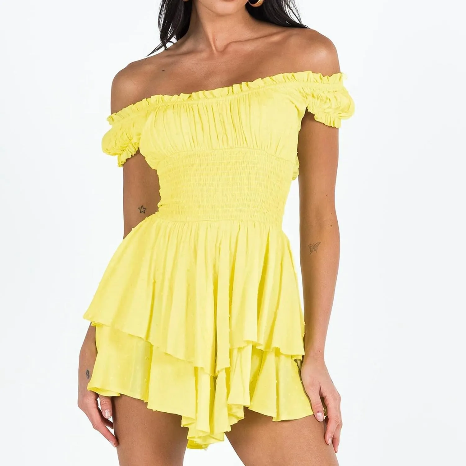 Women's Square Neck Off Shoulder Dress Ruffle Wrap Mini Dress Flounce Short Sleeve A Line Flowy Dress