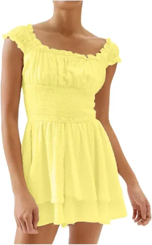 Women's Square Neck Off Shoulder Dress Ruffle Wrap Mini Dress Flounce Short Sleeve A Line Flowy Dress