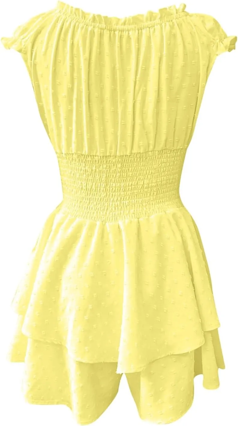Women's Square Neck Off Shoulder Dress Ruffle Wrap Mini Dress Flounce Short Sleeve A Line Flowy Dress