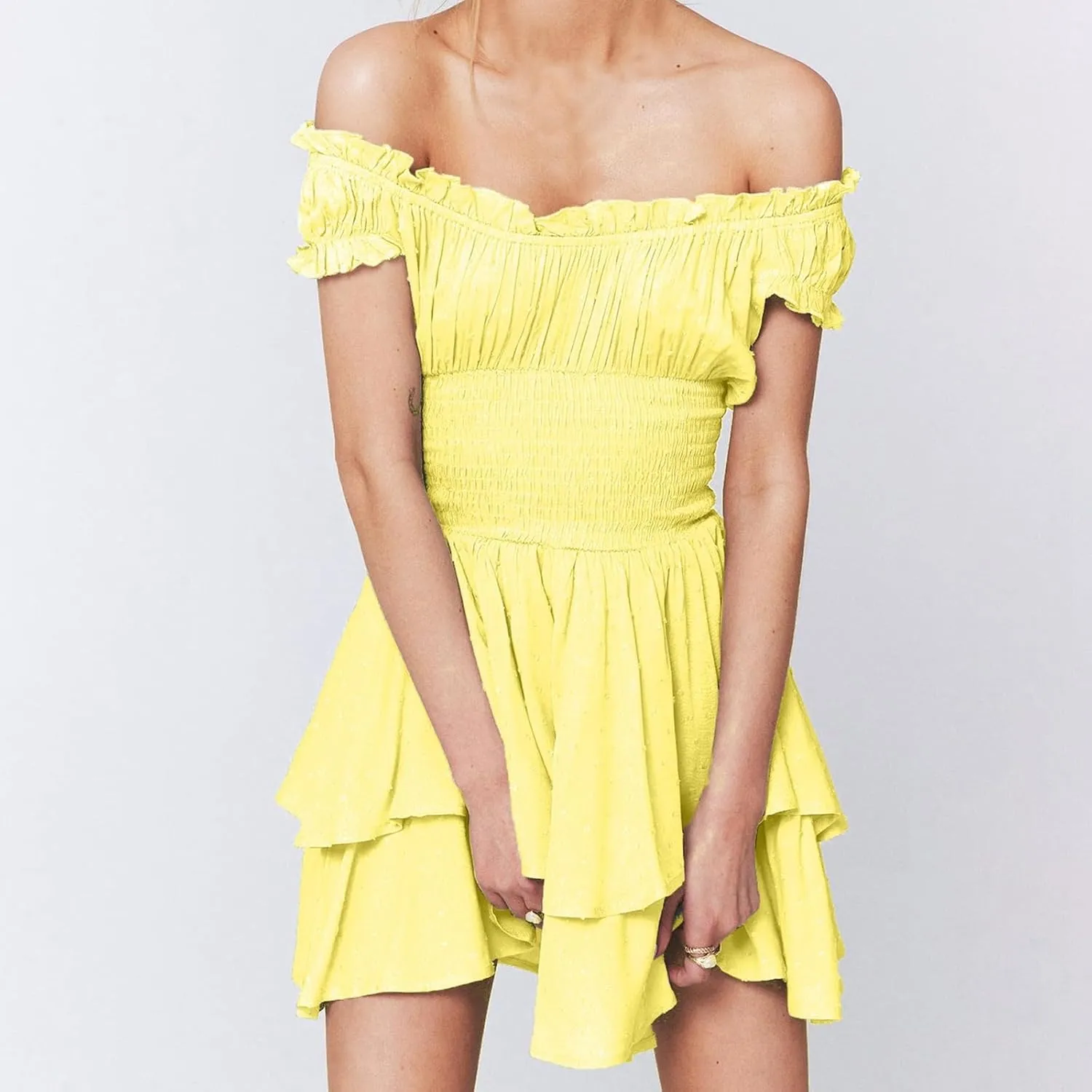 Women's Square Neck Off Shoulder Dress Ruffle Wrap Mini Dress Flounce Short Sleeve A Line Flowy Dress