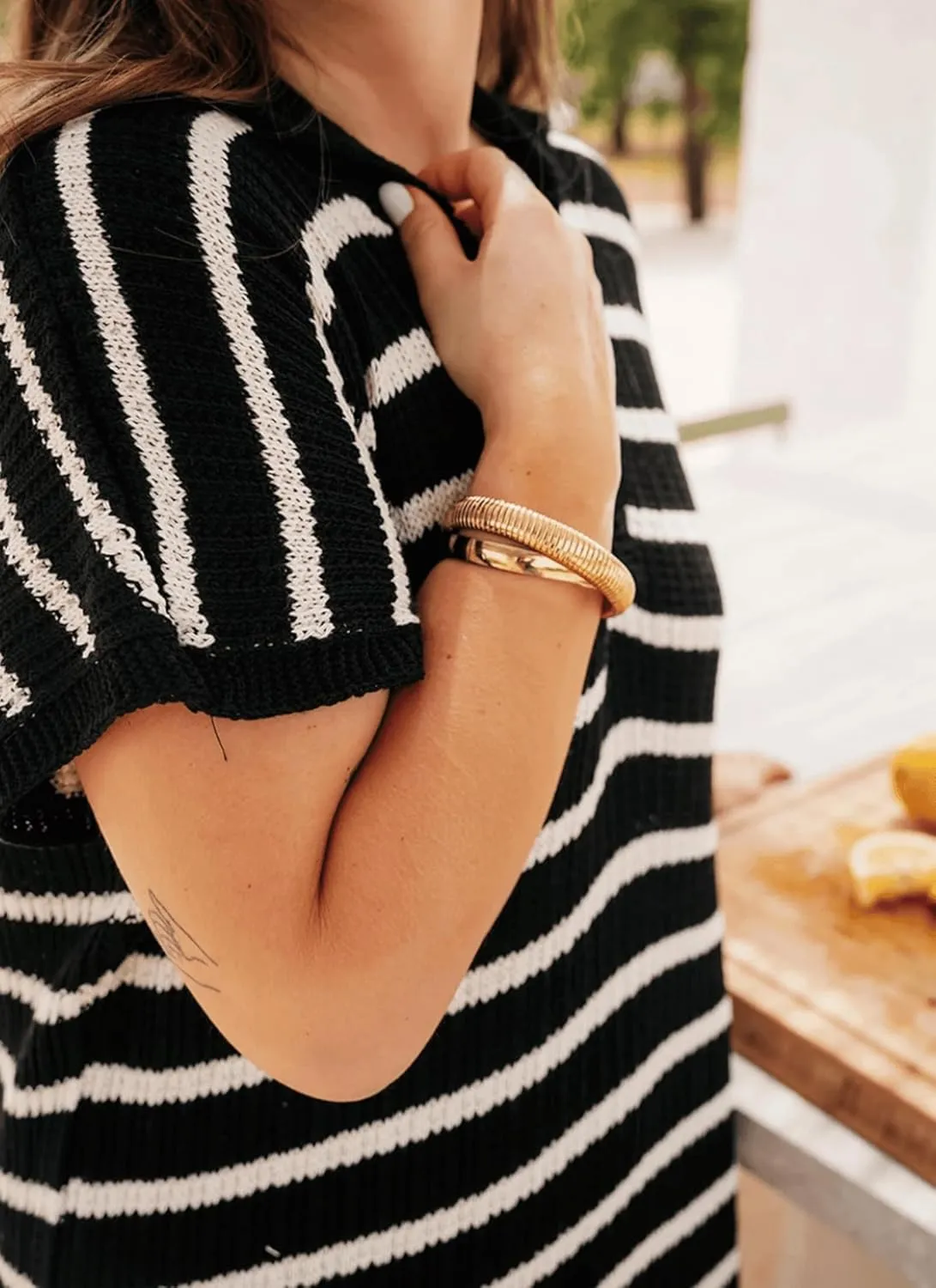 Womens Striped Dresses Short Sleeve V Neck Knit Collared Sexy Slit Loose Maxi Summer Sweater Dress Vacation