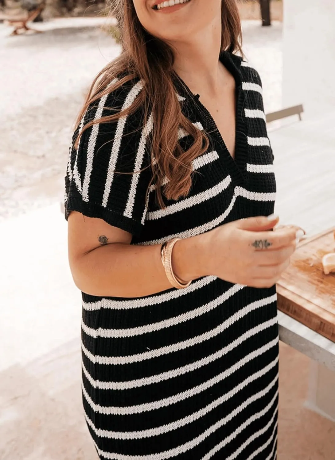 Womens Striped Dresses Short Sleeve V Neck Knit Collared Sexy Slit Loose Maxi Summer Sweater Dress Vacation