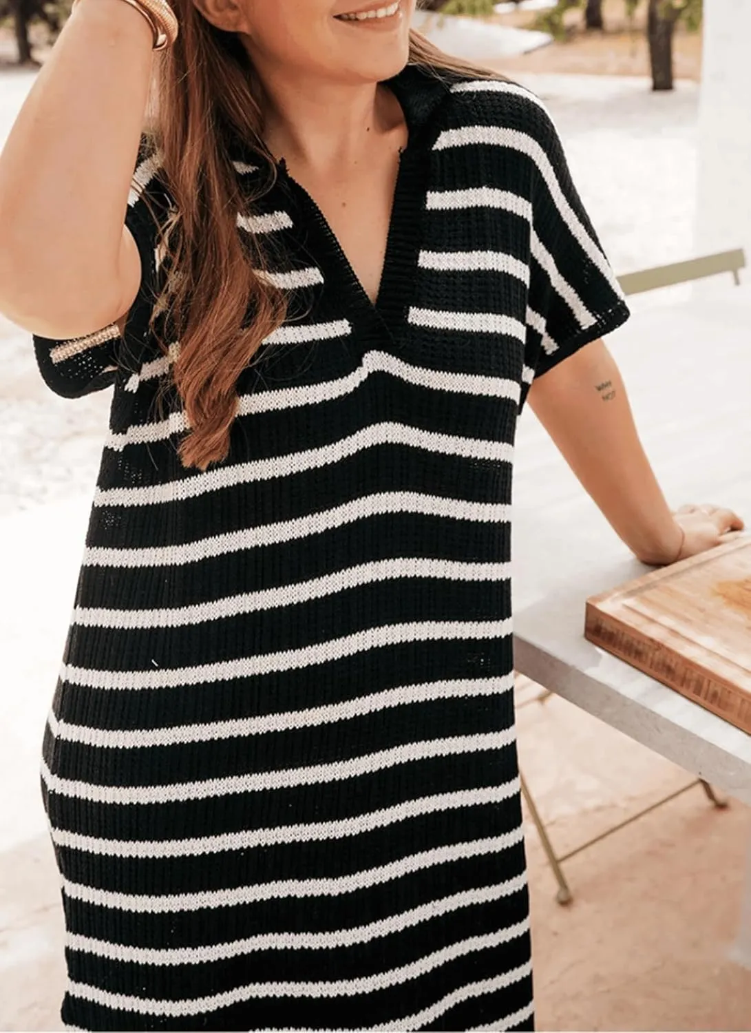 Womens Striped Dresses Short Sleeve V Neck Knit Collared Sexy Slit Loose Maxi Summer Sweater Dress Vacation