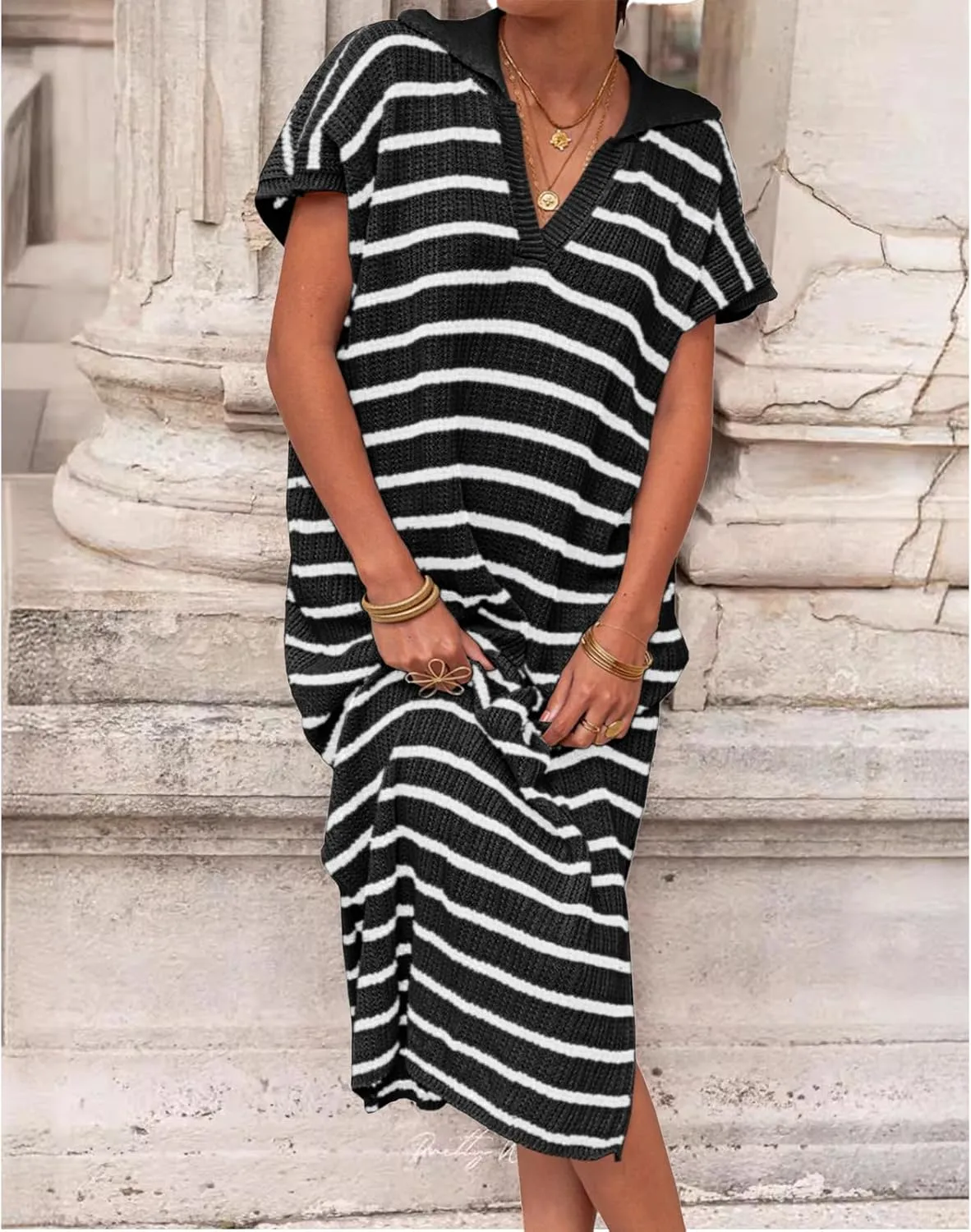 Womens Striped Dresses Short Sleeve V Neck Knit Collared Sexy Slit Loose Maxi Summer Sweater Dress Vacation
