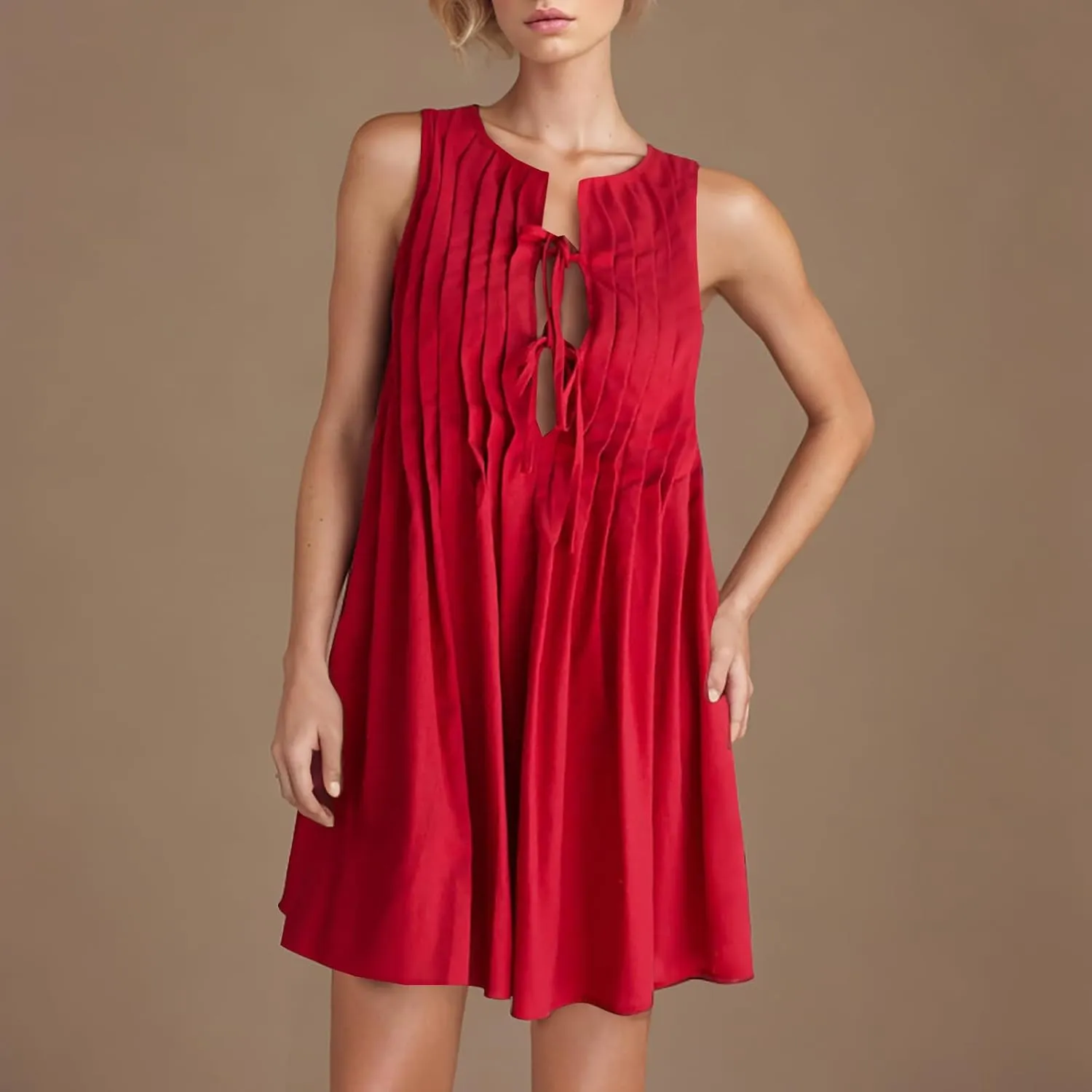 Womens Summer Beach A Line Mini Dress 2025 Sleeveless Round Neck Cute Bow Tie Front Loose Pleated Casual Short Dresses