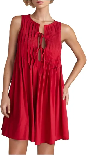 Womens Summer Beach A Line Mini Dress 2025 Sleeveless Round Neck Cute Bow Tie Front Loose Pleated Casual Short Dresses