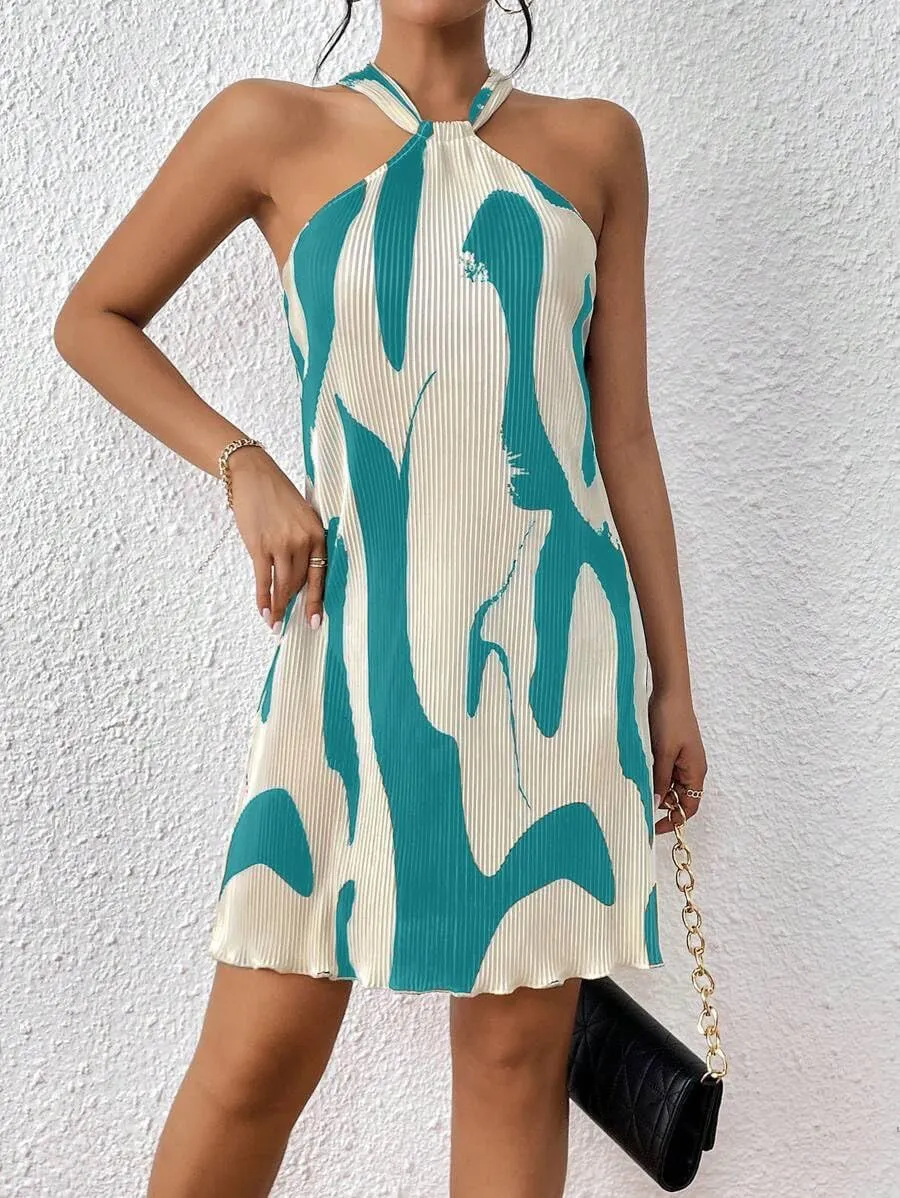 Women's Summer Dress Printed Halter Neck Mini Casual Pleated Sundress Party Date Outfit