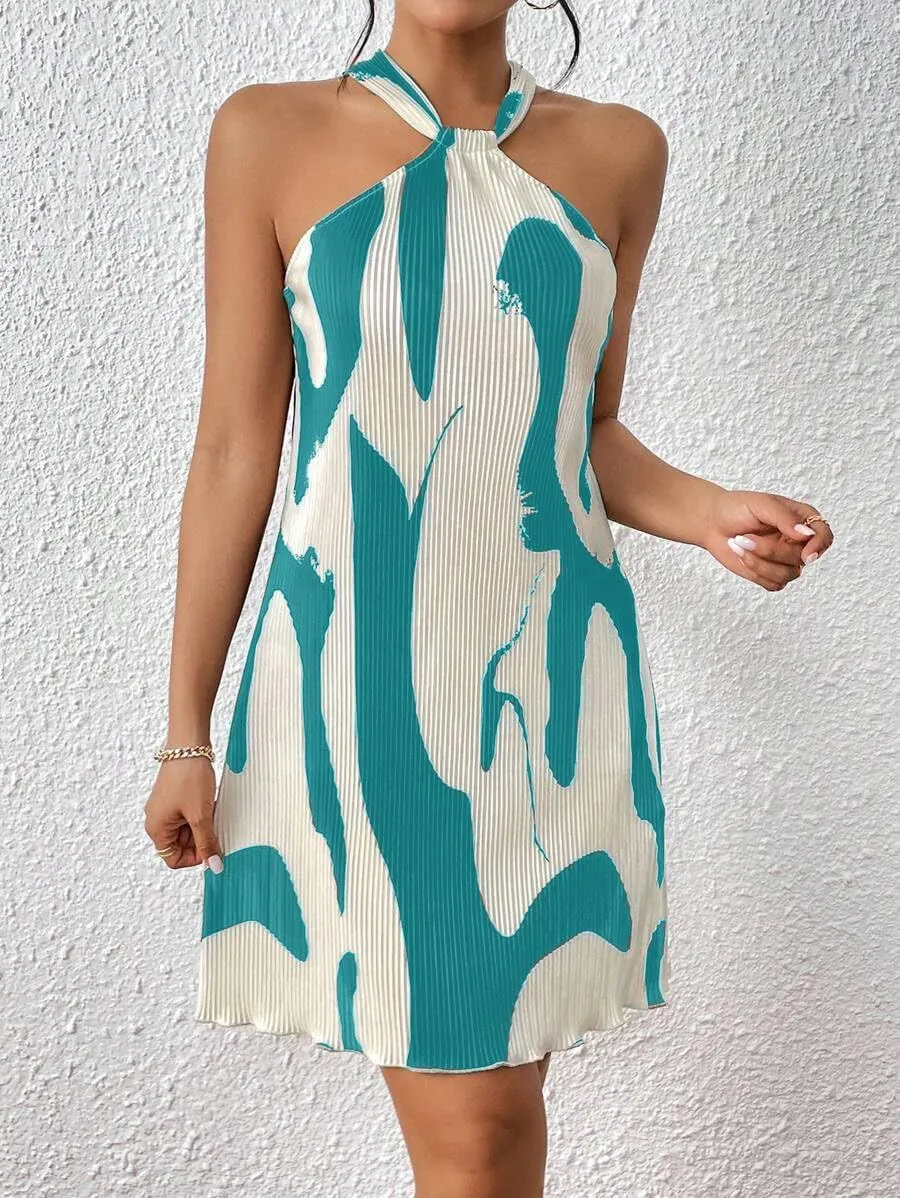 Women's Summer Dress Printed Halter Neck Mini Casual Pleated Sundress Party Date Outfit