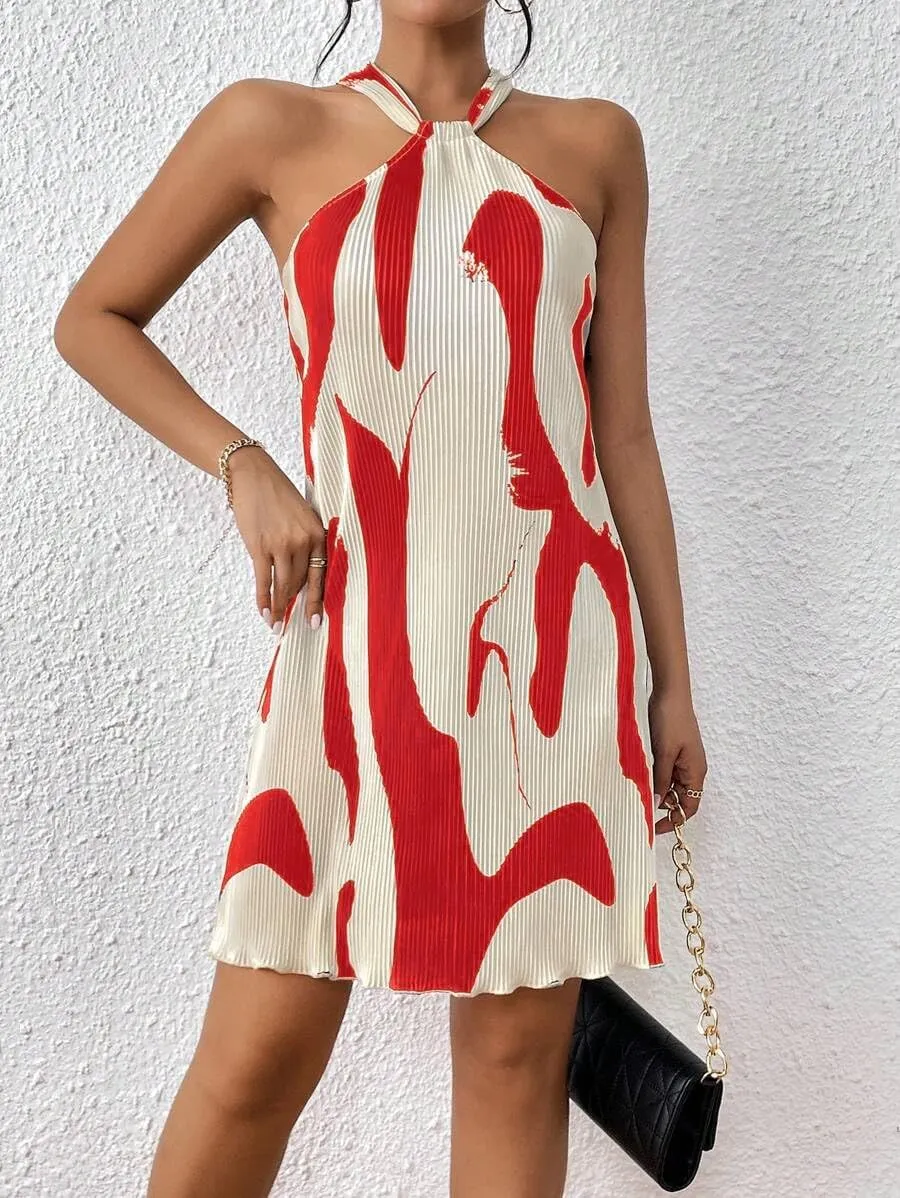 Women's Summer Dress Printed Halter Neck Mini Casual Pleated Sundress Party Date Outfit