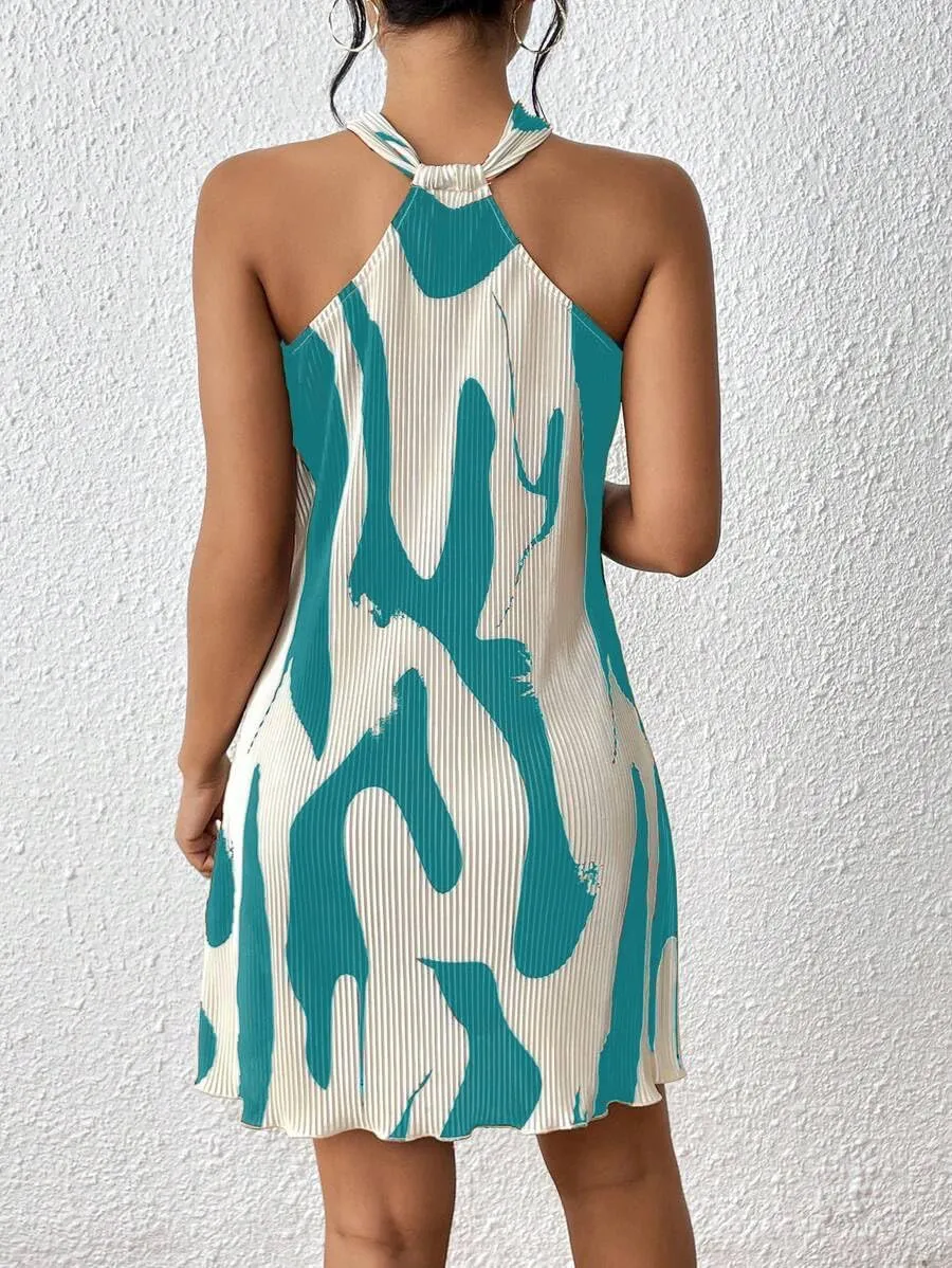 Women's Summer Dress Printed Halter Neck Mini Casual Pleated Sundress Party Date Outfit