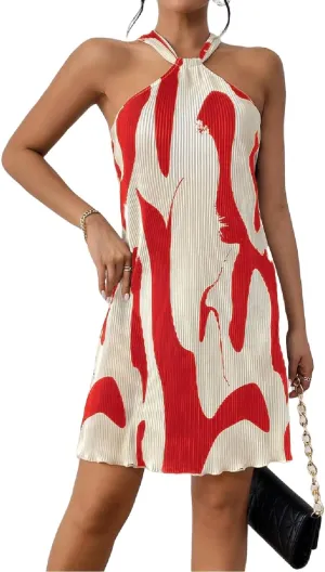 Women's Summer Dress Printed Halter Neck Mini Casual Pleated Sundress Party Date Outfit