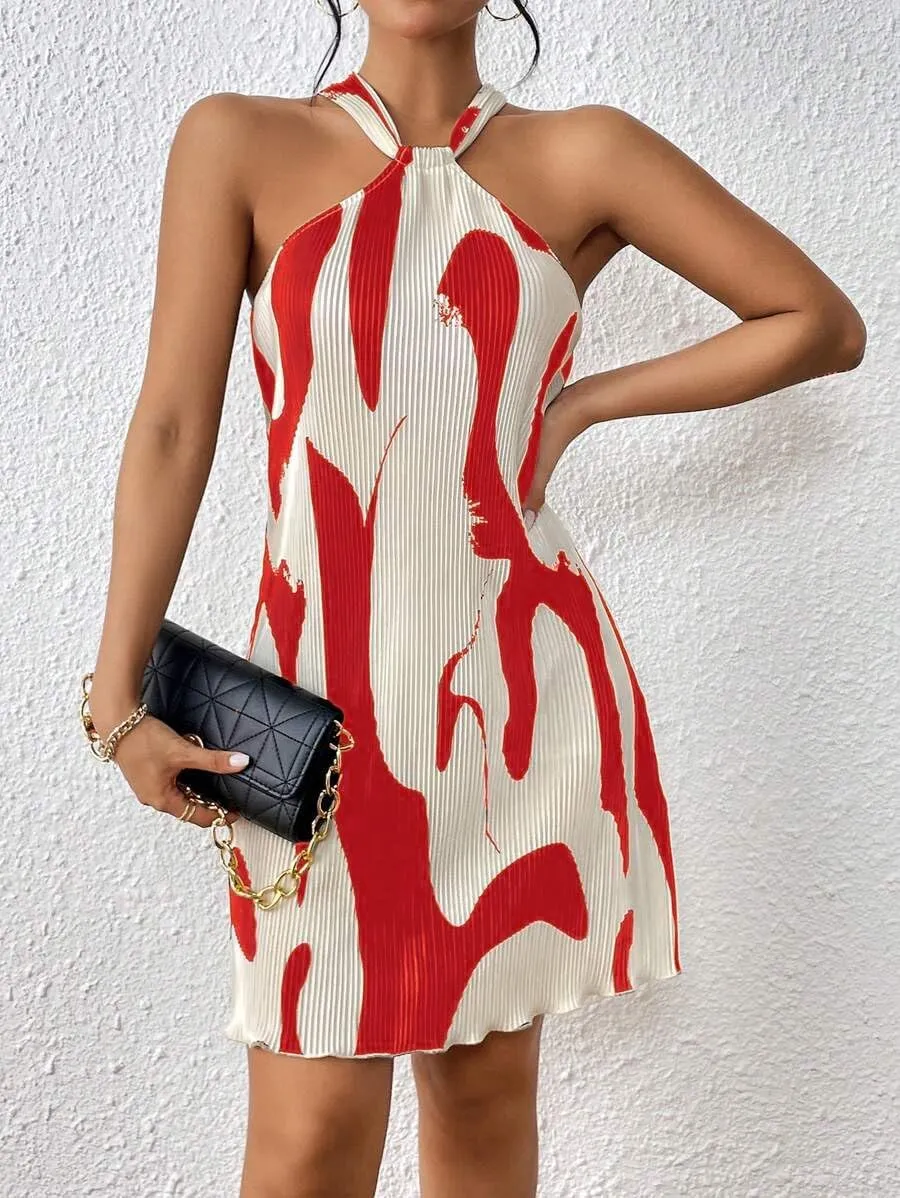 Women's Summer Dress Printed Halter Neck Mini Casual Pleated Sundress Party Date Outfit
