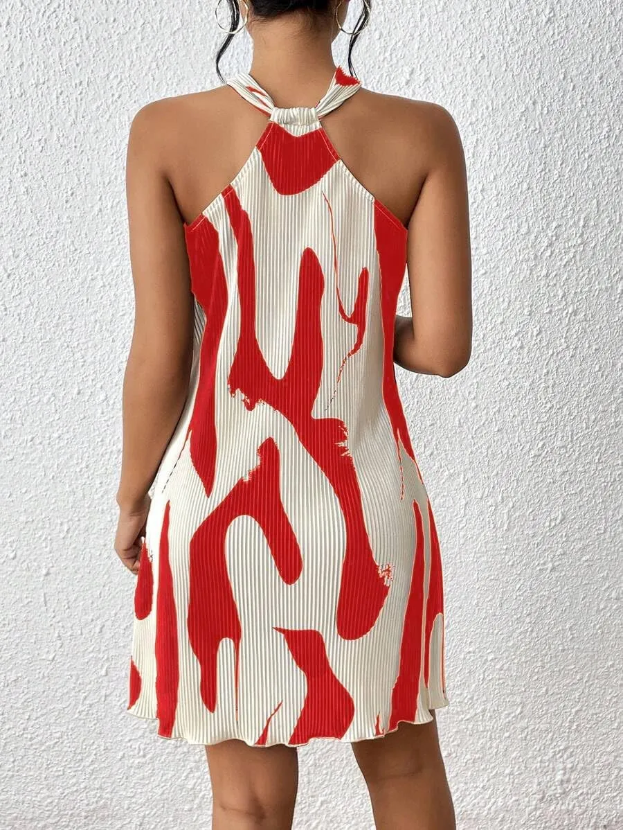 Women's Summer Dress Printed Halter Neck Mini Casual Pleated Sundress Party Date Outfit