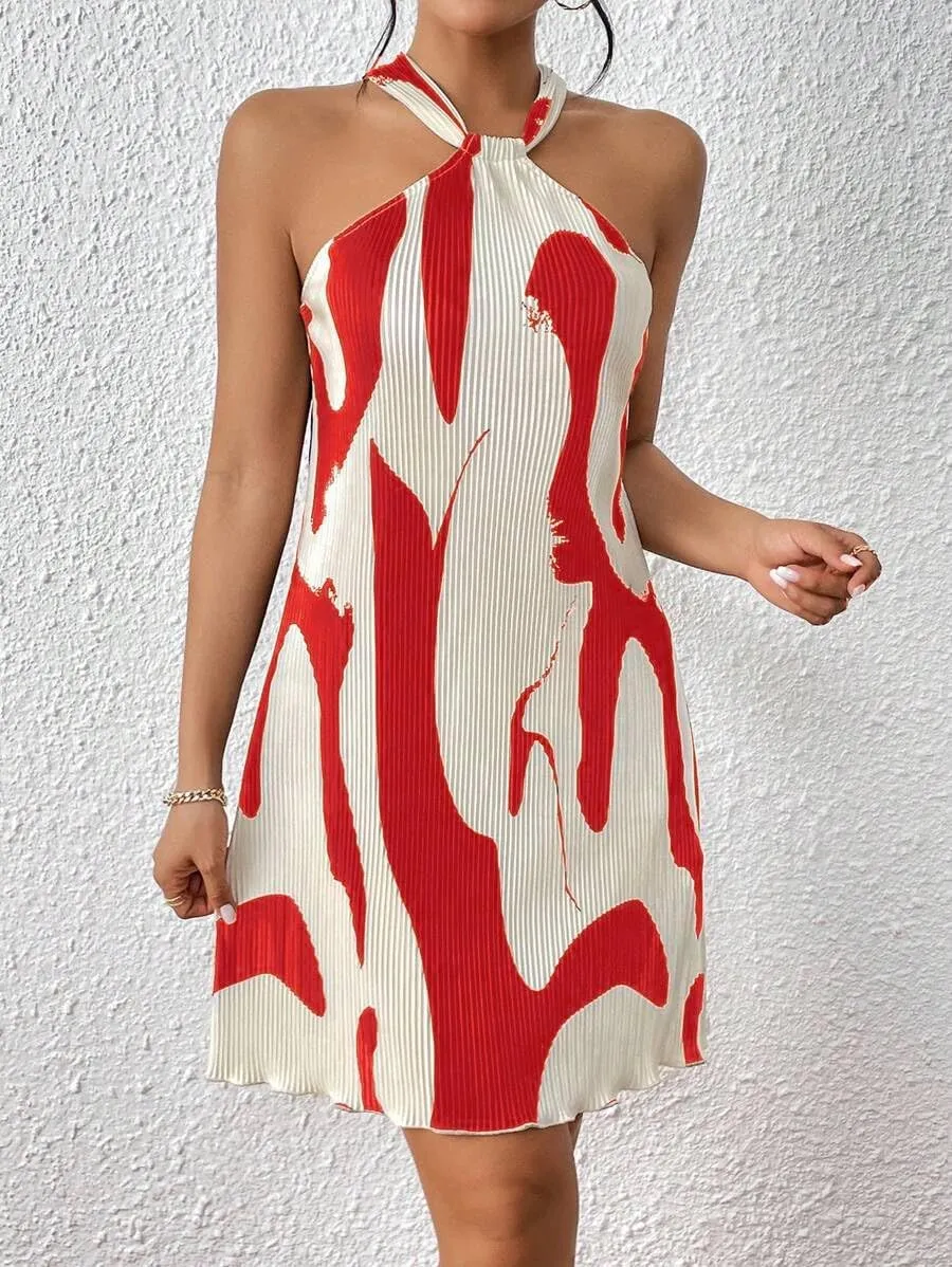 Women's Summer Dress Printed Halter Neck Mini Casual Pleated Sundress Party Date Outfit