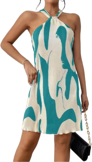 Women's Summer Dress Printed Halter Neck Mini Casual Pleated Sundress Party Date Outfit