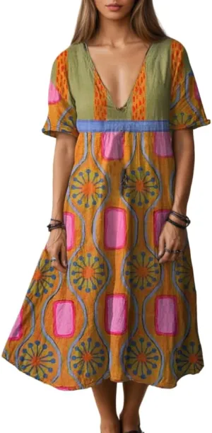 Womens Summer Short Sleeve Boho Floral Print V Neck Midi Dress Vintage Casual Loose Flowy Vacation Beach Dresses