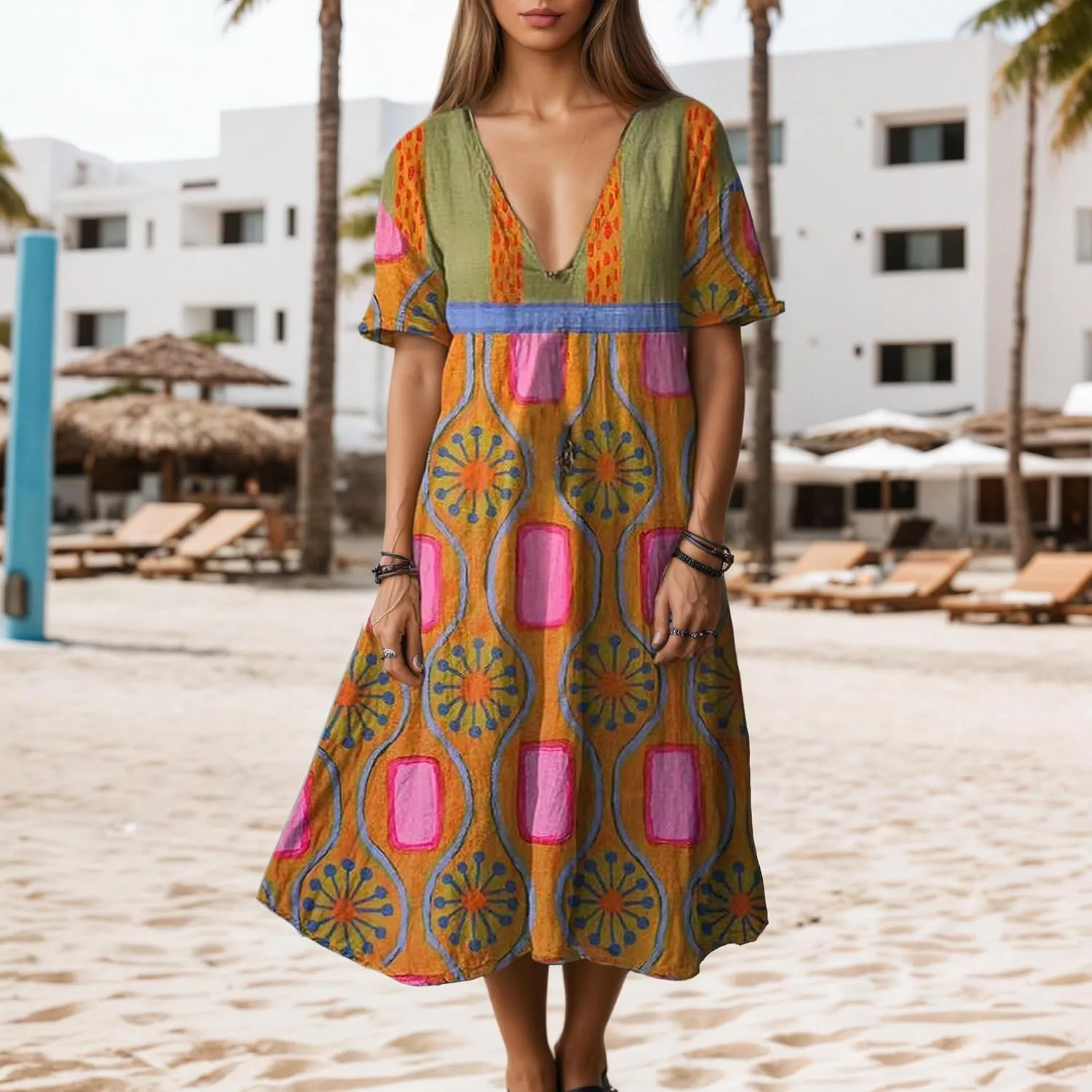 Womens Summer Short Sleeve Boho Floral Print V Neck Midi Dress Vintage Casual Loose Flowy Vacation Beach Dresses