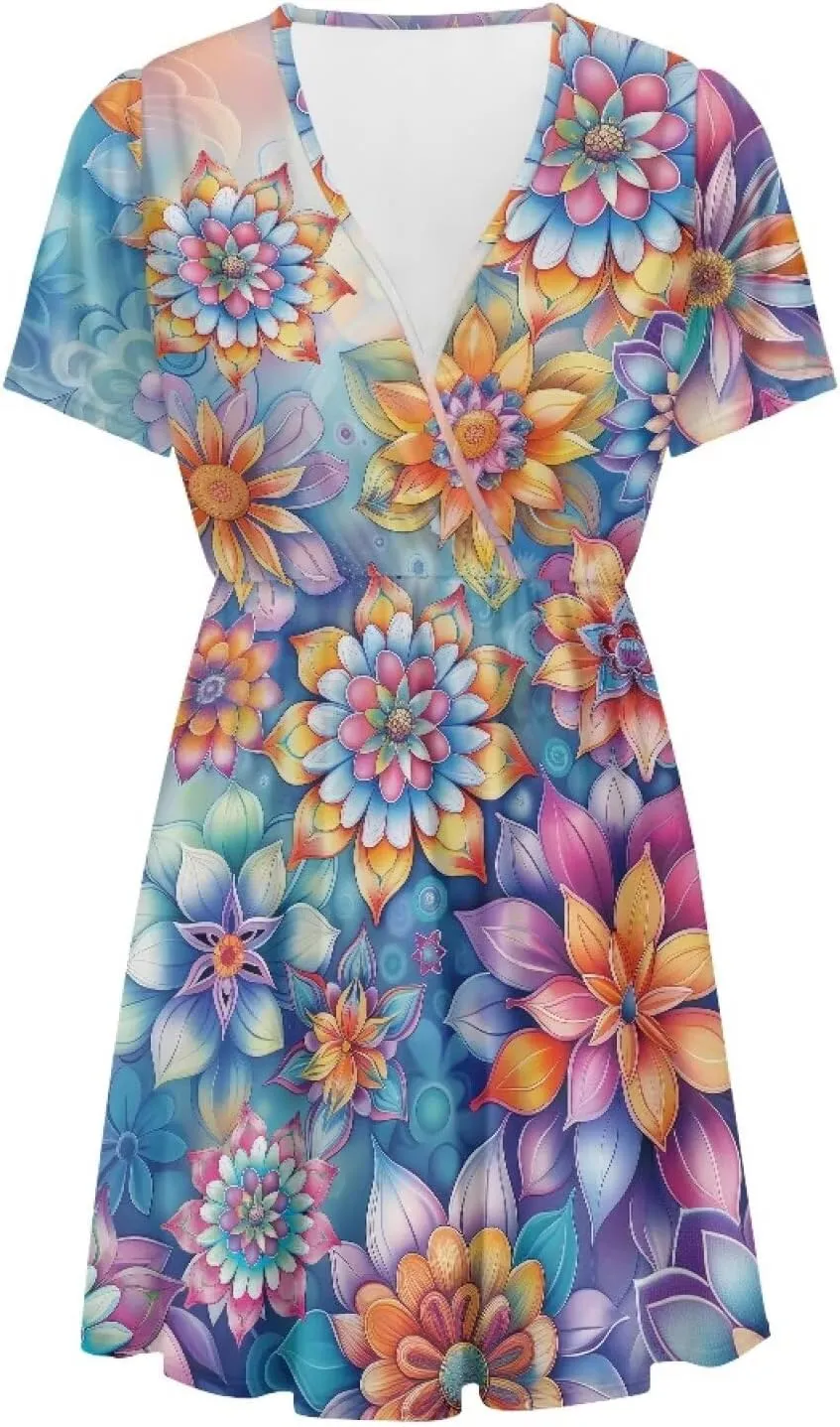 Women's Summer Short Sleeve Dresses V-Neck Casual Party Midi Sundress, S-2XL