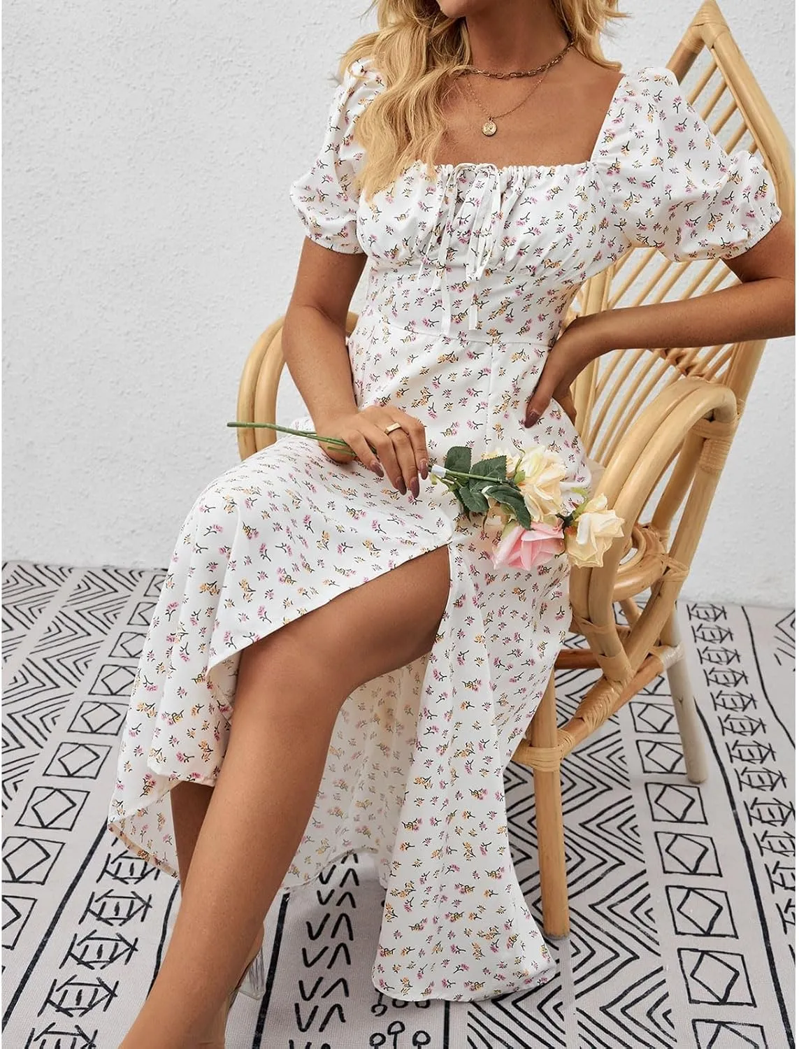 Womens Summer Square Neck Tie Front Sexy Midi Dress Floral Boho Ruffle Sleeve High Slit Flowy Vacation Tshirt Dress