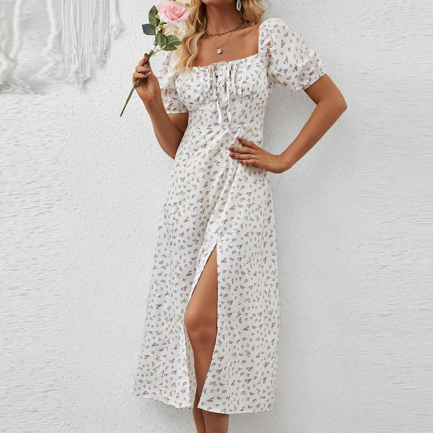 Womens Summer Square Neck Tie Front Sexy Midi Dress Floral Boho Ruffle Sleeve High Slit Flowy Vacation Tshirt Dress