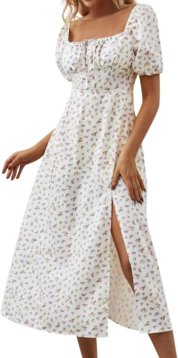 Womens Summer Square Neck Tie Front Sexy Midi Dress Floral Boho Ruffle Sleeve High Slit Flowy Vacation Tshirt Dress