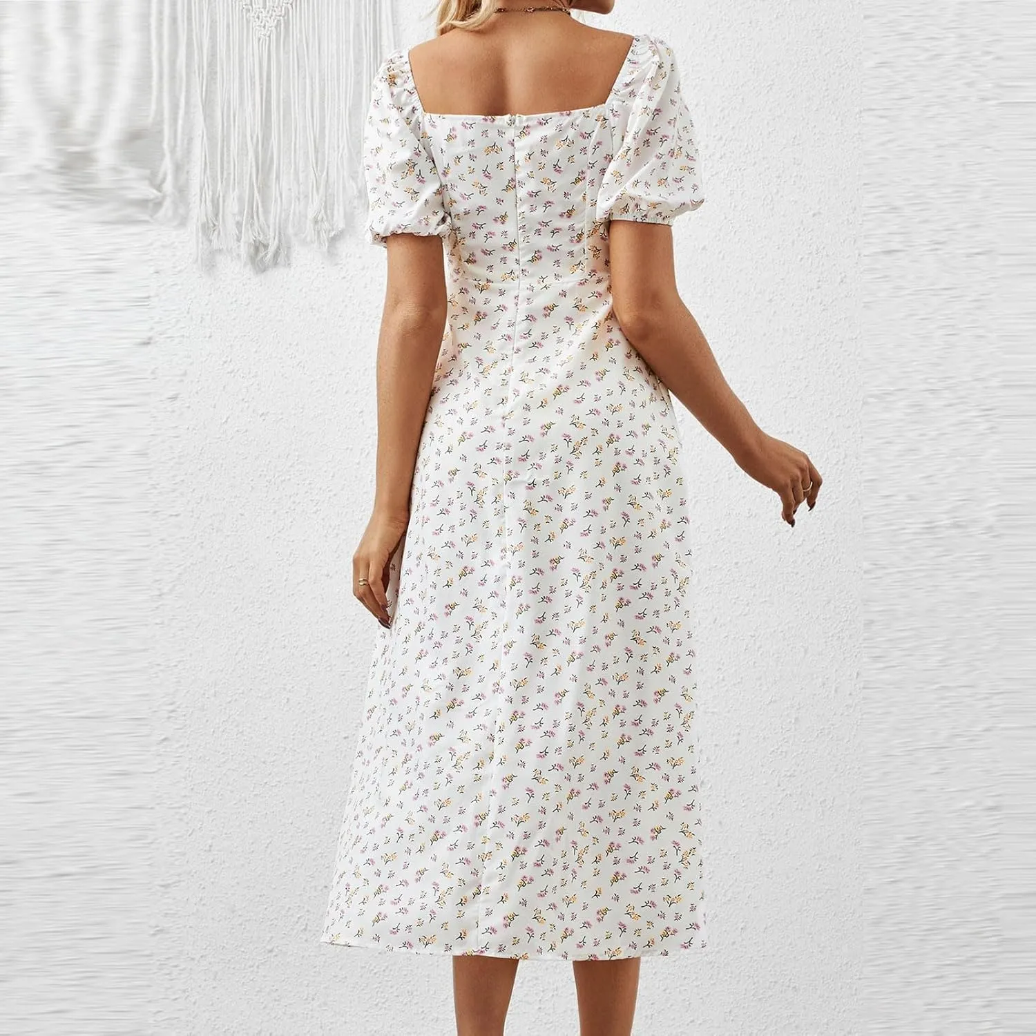 Womens Summer Square Neck Tie Front Sexy Midi Dress Floral Boho Ruffle Sleeve High Slit Flowy Vacation Tshirt Dress