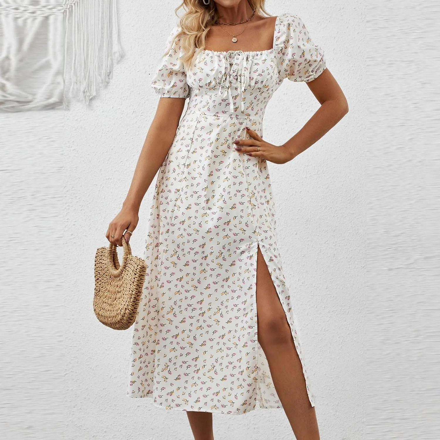 Womens Summer Square Neck Tie Front Sexy Midi Dress Floral Boho Ruffle Sleeve High Slit Flowy Vacation Tshirt Dress