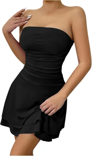 Women's Tube Top Dress Sexy Off Shoulder Ruffle Tiered Flowy Mini Dresses Summer Trendy Strapless Bubble Short Dress