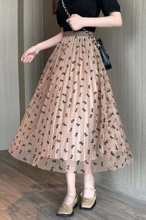 Womens Tulle Skirts Fairy Coquette Midi Elastic High Waisted Pleated Mesh Flowy A-Line Flowy Tutu Skirts