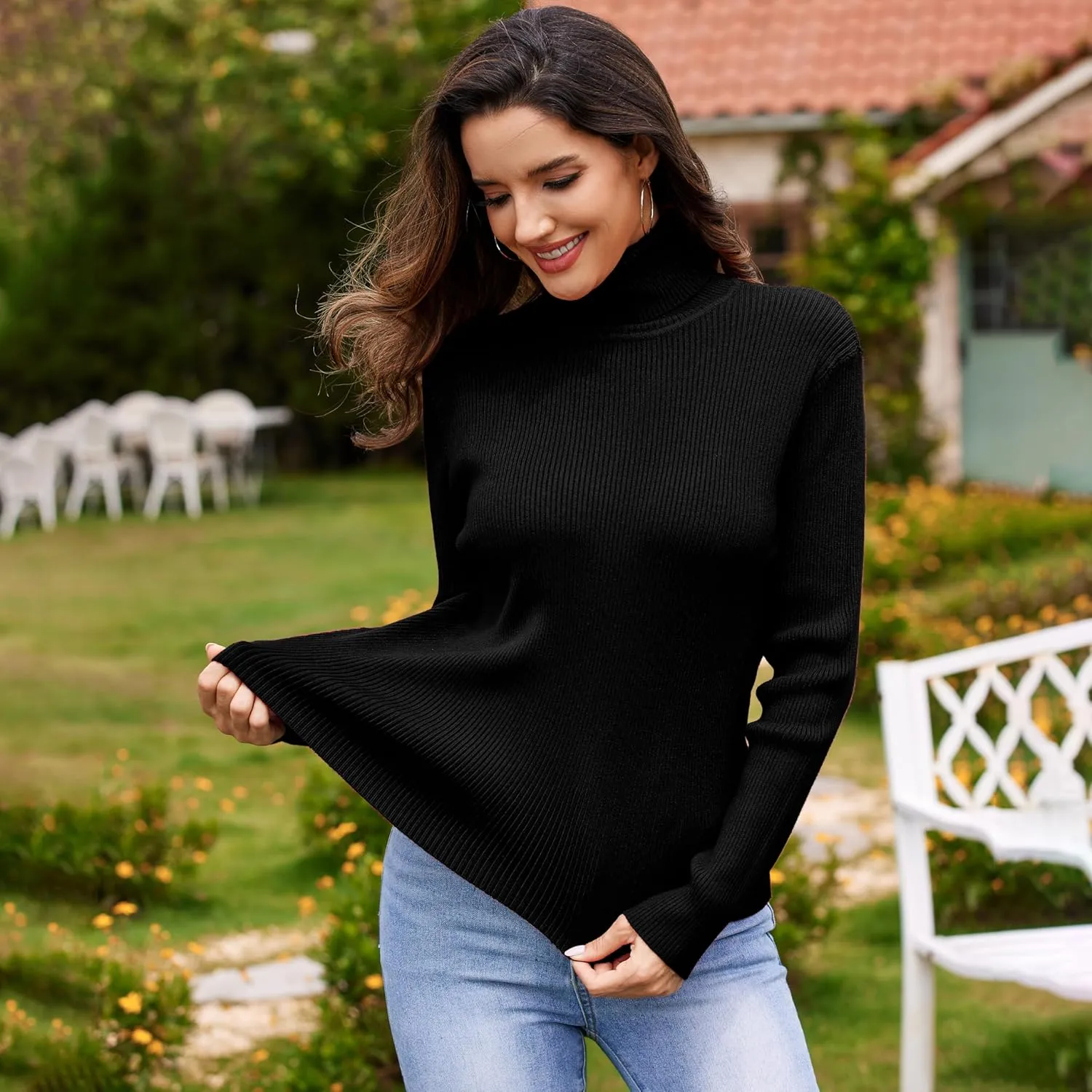 Women's Turtleneck Ribbed Pullover Fashion Long Sleeve Knit Sweater Fall Basic Tops