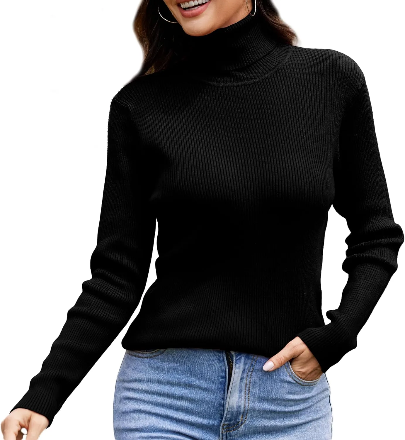 Women's Turtleneck Ribbed Pullover Fashion Long Sleeve Knit Sweater Fall Basic Tops