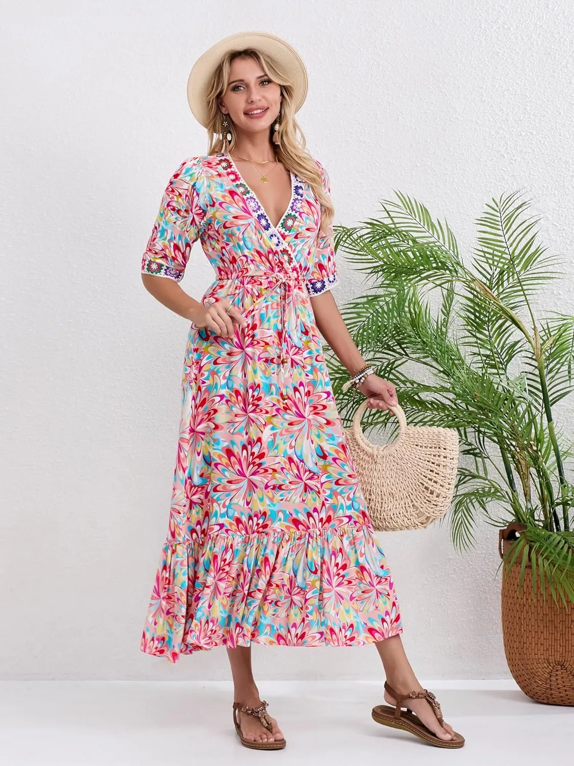 Womens V Neck Short Sleeves High Waist Floral Print Casual Bohemian Midi Dresses
