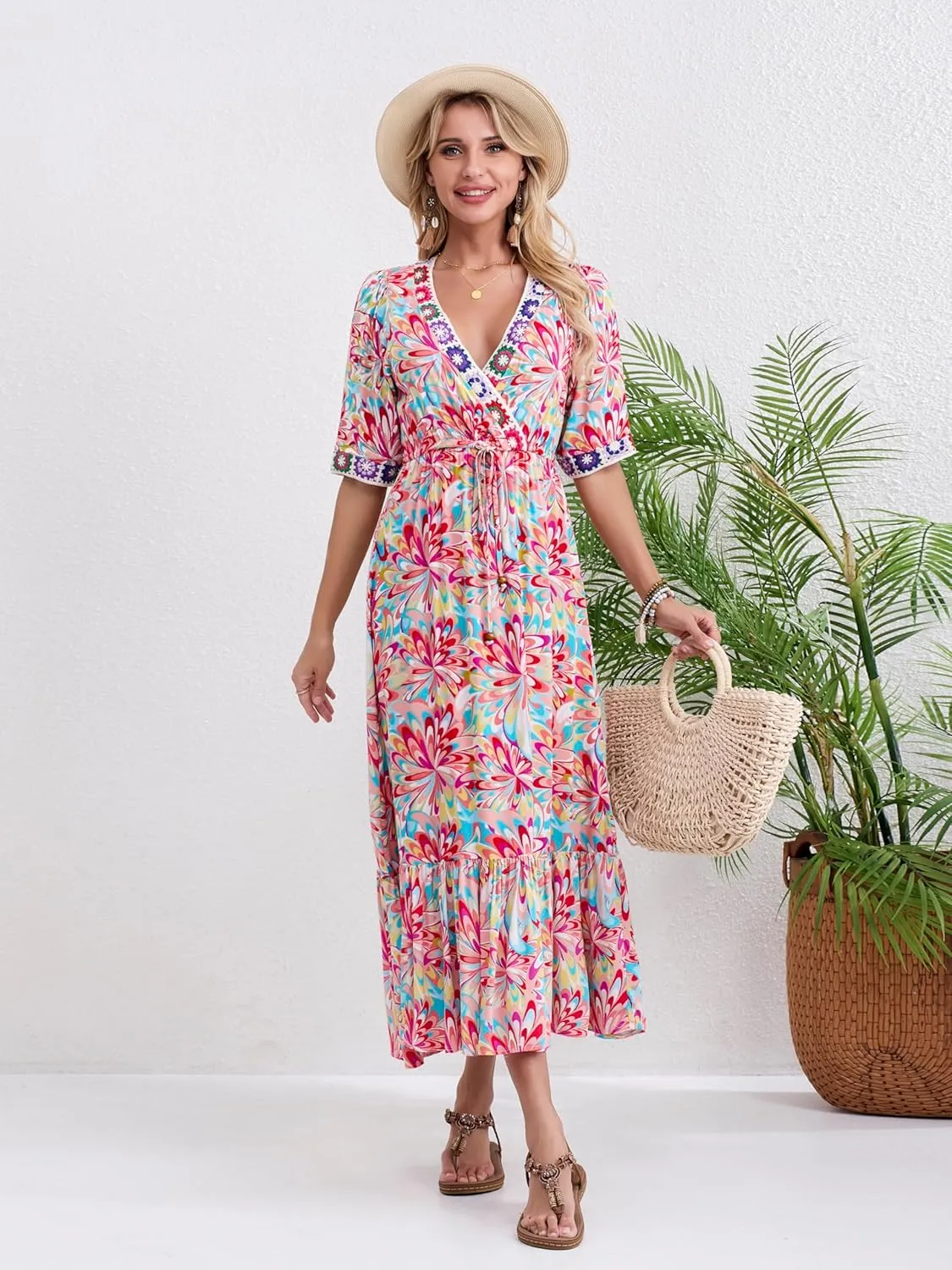 Womens V Neck Short Sleeves High Waist Floral Print Casual Bohemian Midi Dresses