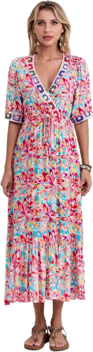 Womens V Neck Short Sleeves High Waist Floral Print Casual Bohemian Midi Dresses