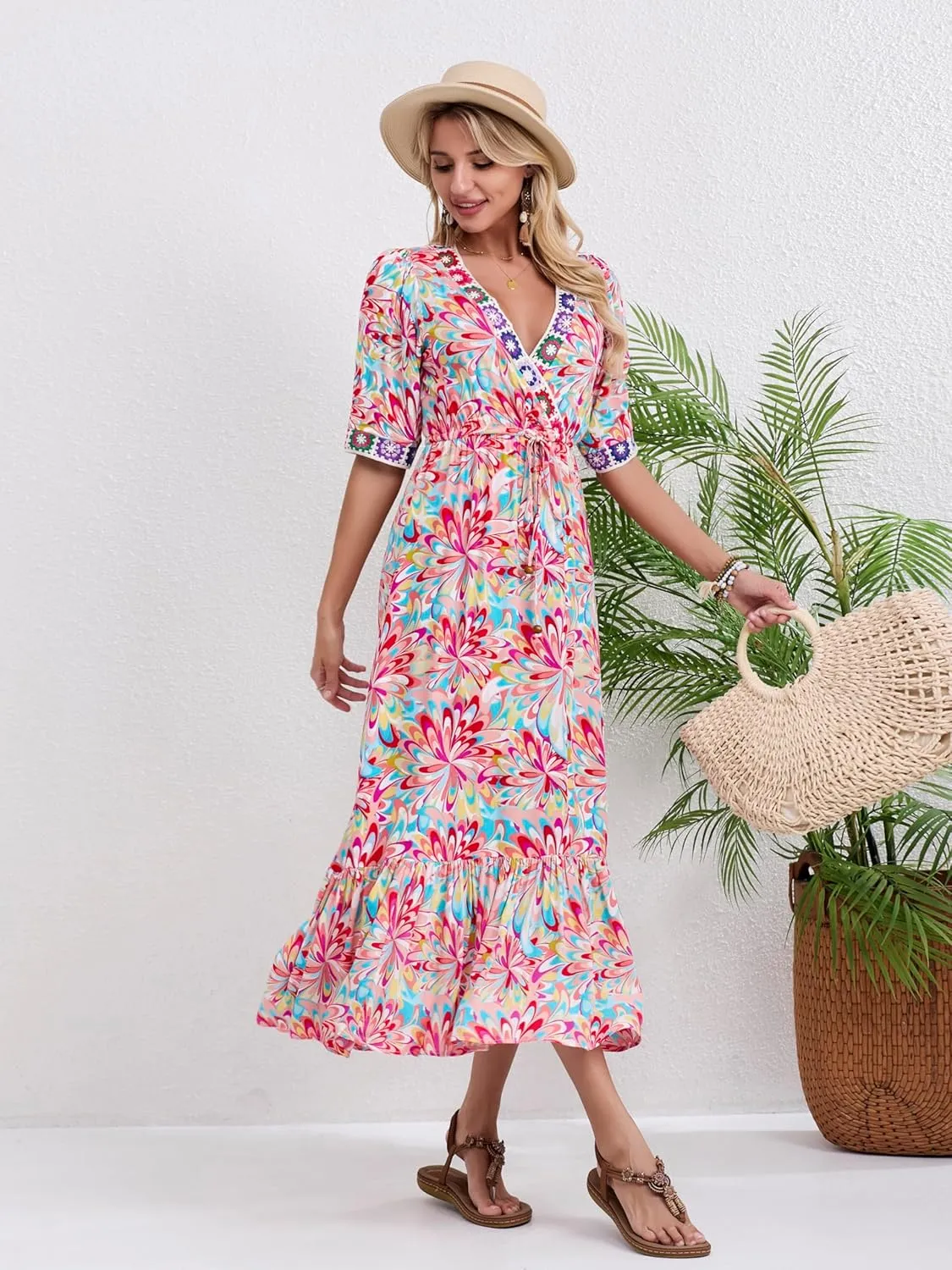 Womens V Neck Short Sleeves High Waist Floral Print Casual Bohemian Midi Dresses