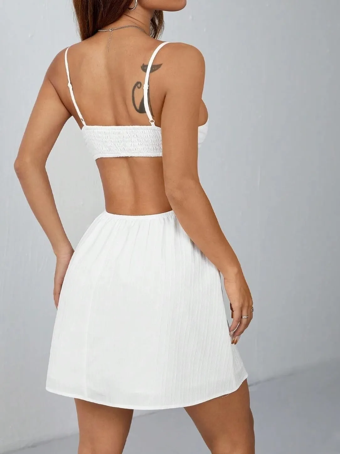 Women's Vacation White Waist Hollow V-Neck Back Dress, Summer Backless Fashion Short Dresses for Women