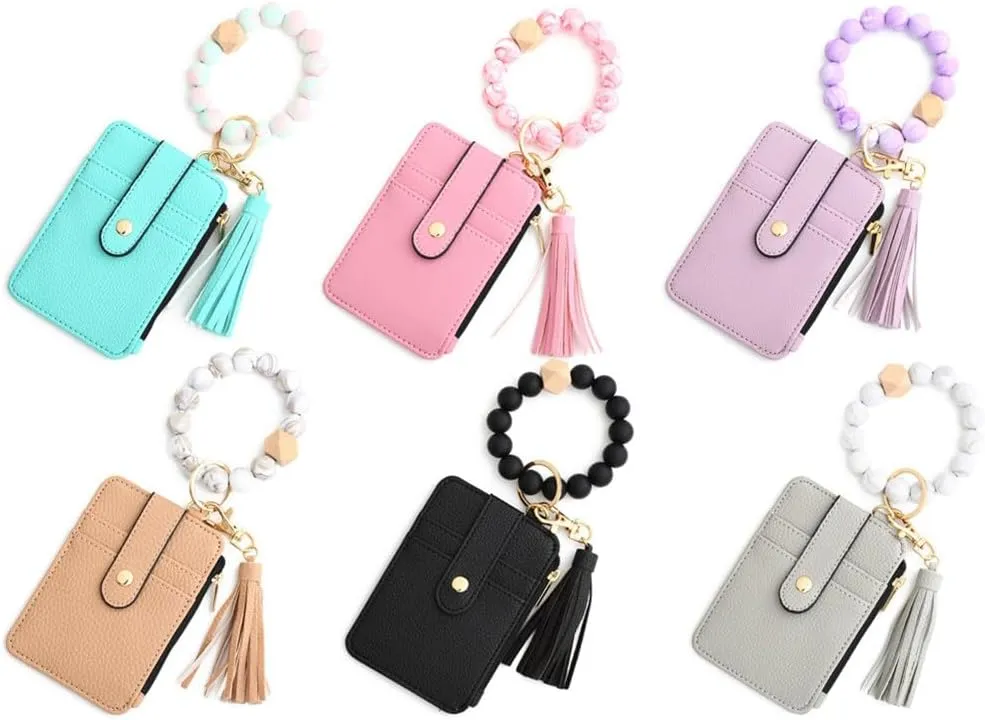 Wristlet Keychain Bracelet Wallet Silicone Bead Keychain Silicone Bead Bracelet KeychainWallet Elastic Keyring Bangle