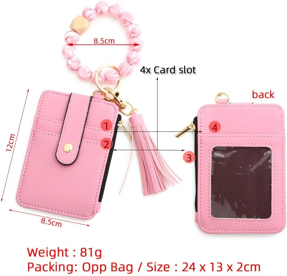 Wristlet Keychain with Wallet Card Holder Pocket Bracelet Wallet Silicone Bead Bracelet Keychain Tassel Keychain Bangle Key Ring for Women 01