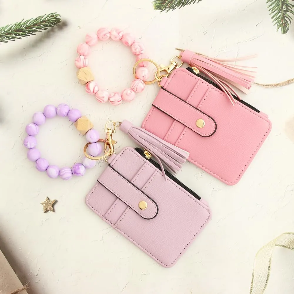 Wristlet Keychain with Wallet Card Holder Pocket Bracelet Wallet Silicone Bead Bracelet Keychain Tassel Keychain Bangle Key Ring for Women 01