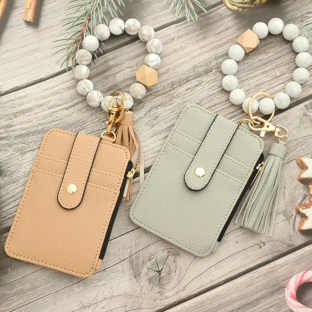Wristlet Keychain with Wallet Card Holder Pocket Bracelet Wallet Silicone Bead Bracelet Keychain Tassel Keychain Bangle Key Ring for Women 01