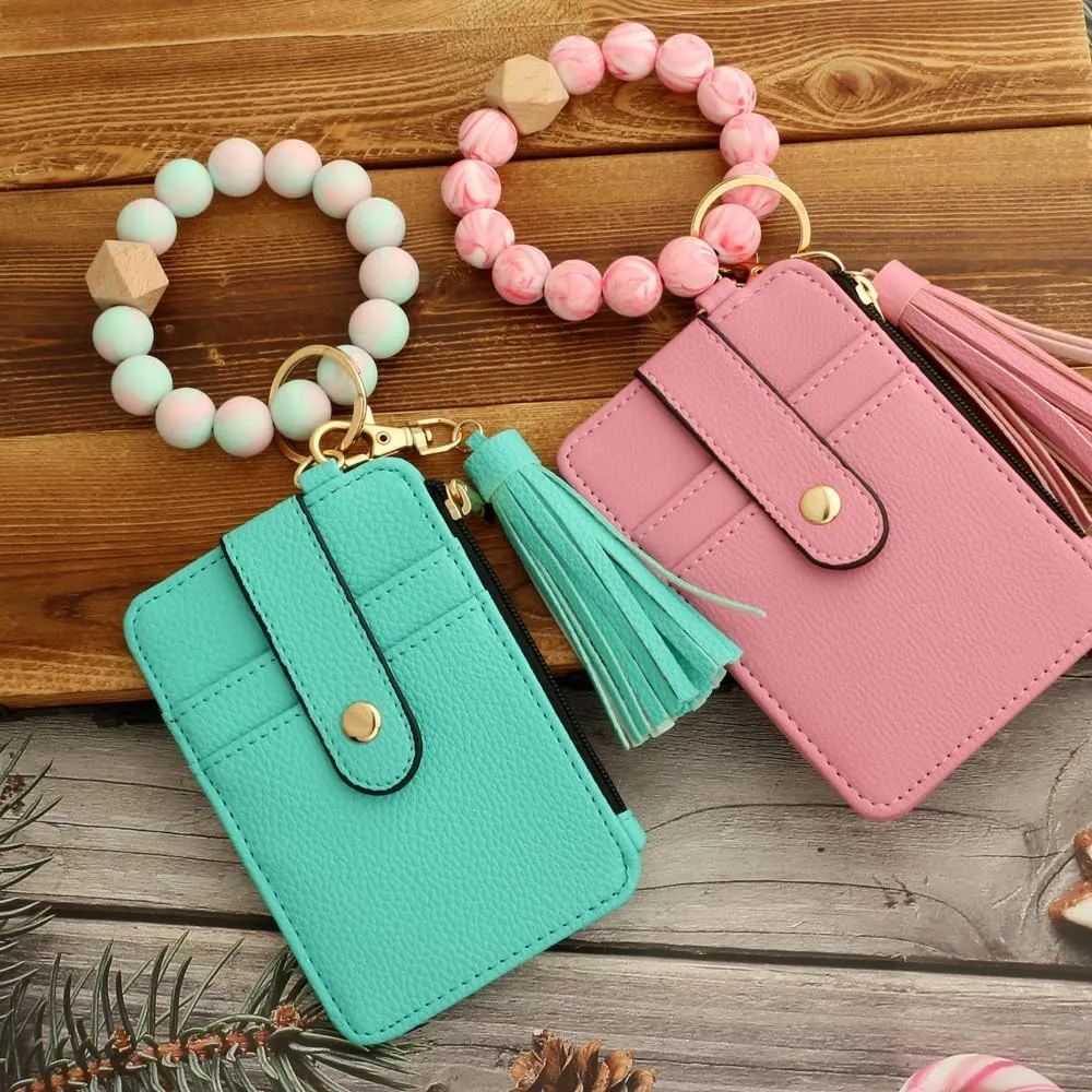 Wristlet Keychain with Wallet Card Holder Pocket Bracelet Wallet Silicone Bead Bracelet Keychain Tassel Keychain Bangle Key Ring for Women 01