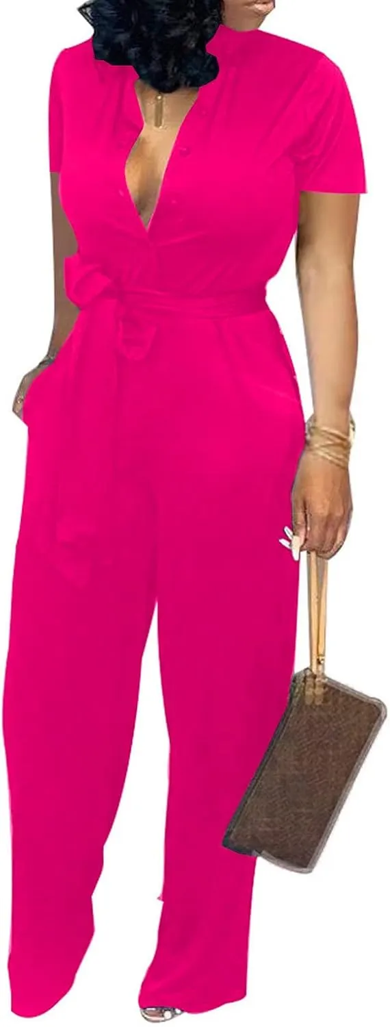 Xinlees Womens Elegant Jumpsuit Casual Stand Collar Button Down Long Pants Rompers Straight Club Outfits