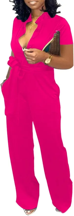 Xinlees Womens Elegant Jumpsuit Casual Stand Collar Button Down Long Pants Rompers Straight Club Outfits