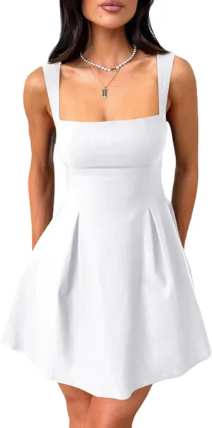 YMDUCH Women's Sexy Sleeveless Square Neck Adjustable Straps Bow Tie A-line Mini Party Club Dress