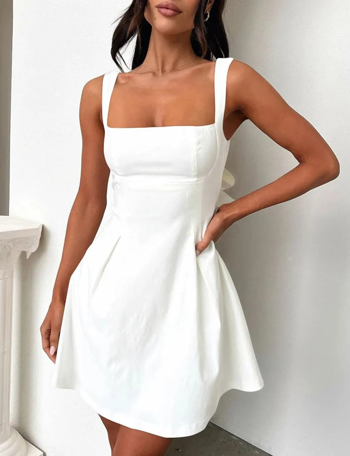 YMDUCH Women's Sexy Sleeveless Square Neck Adjustable Straps Bow Tie A-line Mini Party Club Dress