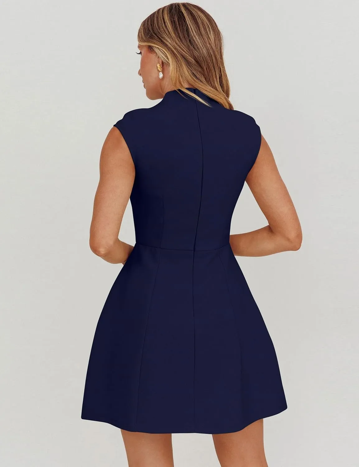 YMDUCH Women's Summer Cap Sleeve Mock Neck Slim Fit A-line Mini Party Dress