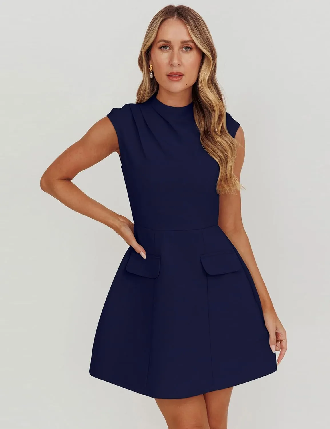 YMDUCH Women's Summer Cap Sleeve Mock Neck Slim Fit A-line Mini Party Dress