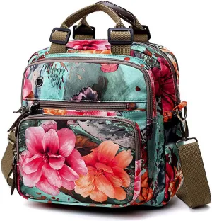 YouNuo Fashion Small Backpack Purse for Women, Floral Multi-Pocket Shoulder Handbag, Water-resistant Nylon Crossbody Purse for Mom, Ladies Convertible Mommy Bag with Insulated Pockets, Green Blue