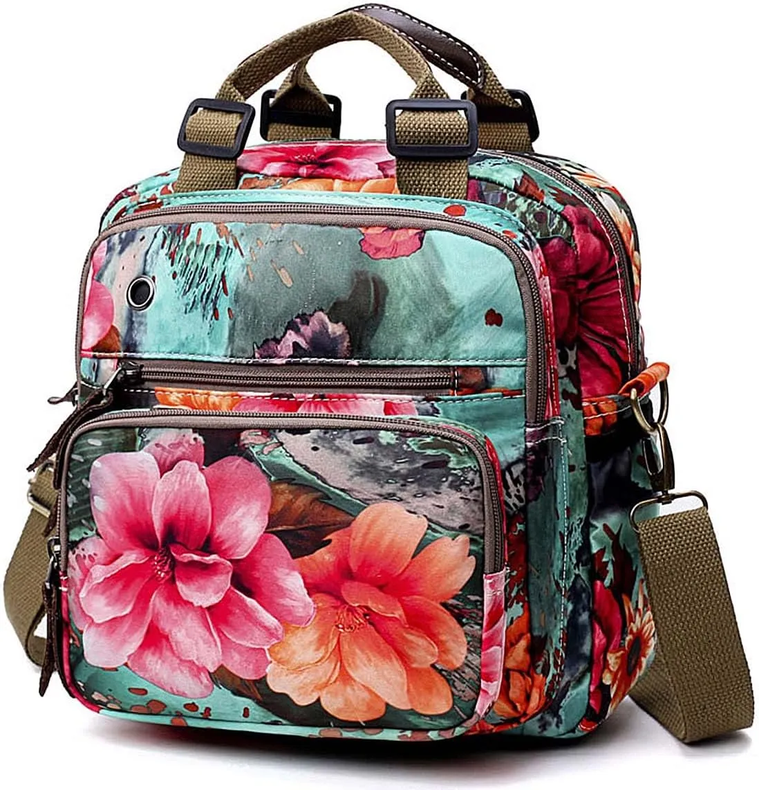 YouNuo Fashion Small Backpack Purse for Women, Floral Multi-Pocket Shoulder Handbag, Water-resistant Nylon Crossbody Purse for Mom, Ladies Convertible Mommy Bag with Insulated Pockets, Green Blue