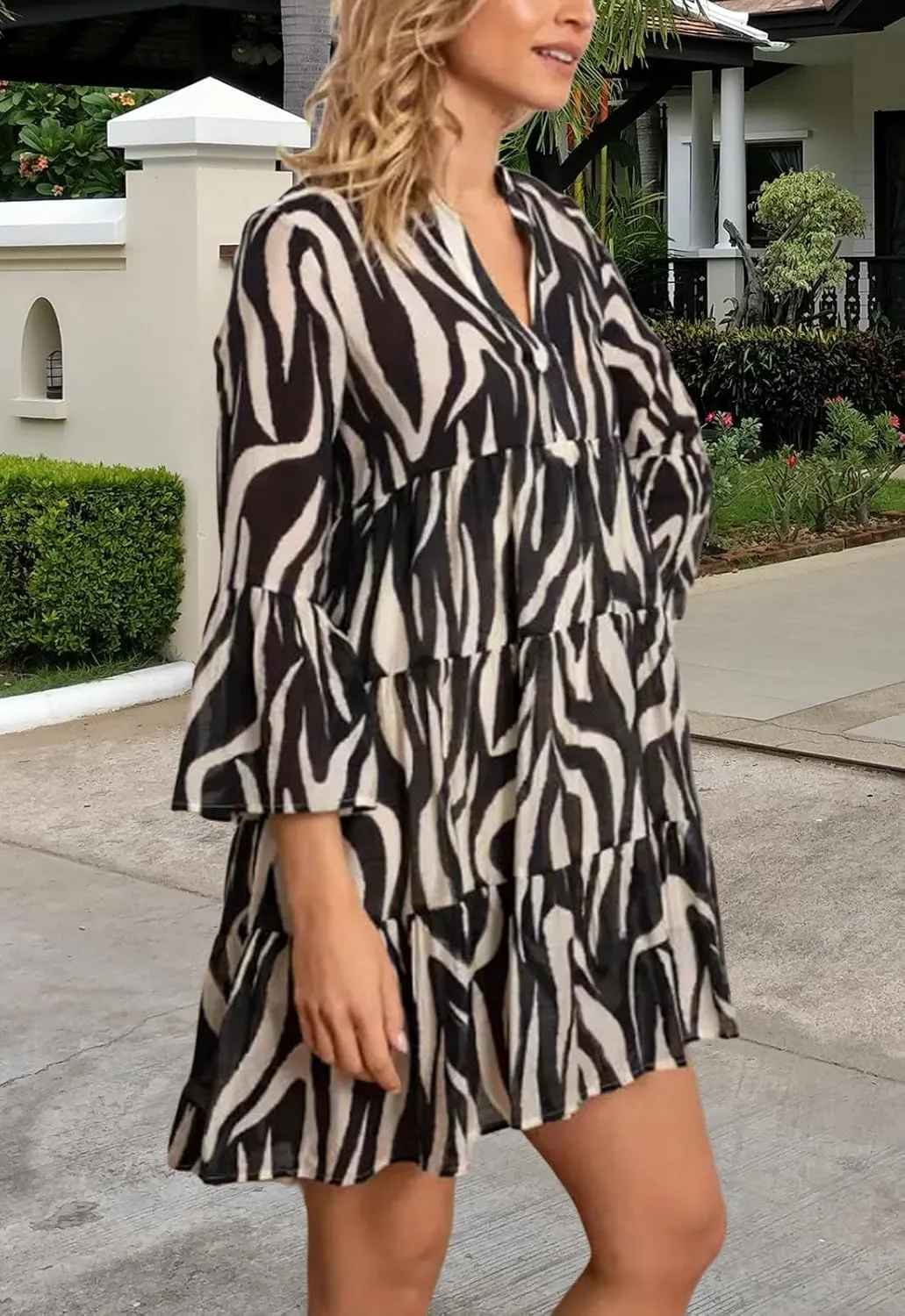 YouSexy Women's Summer 3/4 Sleeve Casual Dress V Neck Ruffle Loose Print Swing Mini Dresses